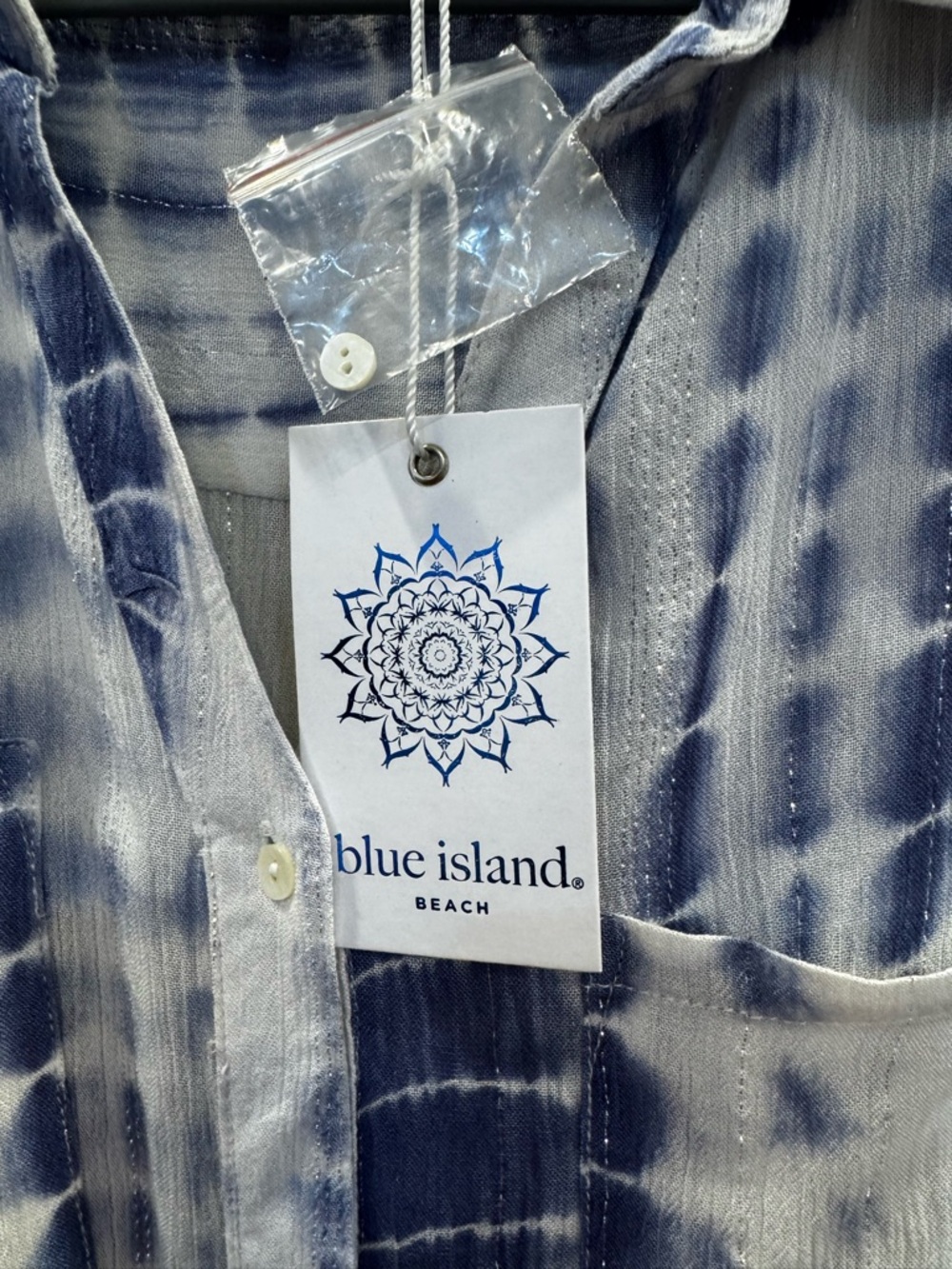blue island Blue & White Tie-Dye Shibori Print Button Down Long Sleeve CoverUp M - Picture 2 of 6